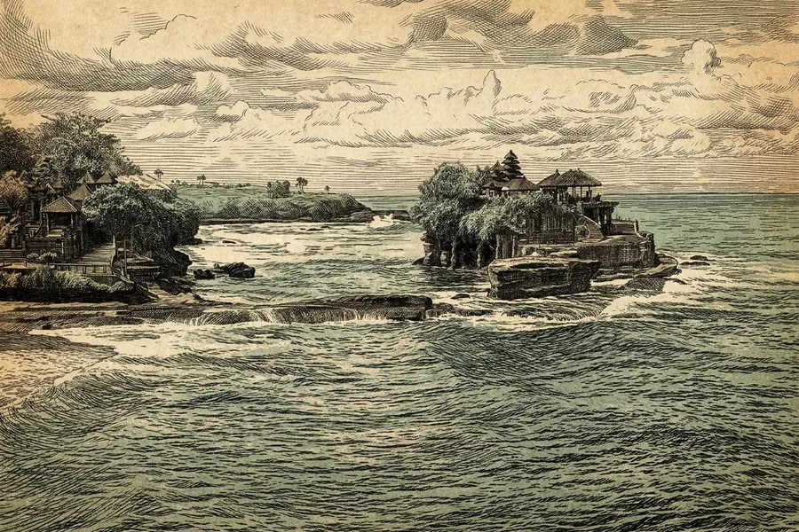 Pura Tanah Lot — a nautical-noir engraving by The Dispatch