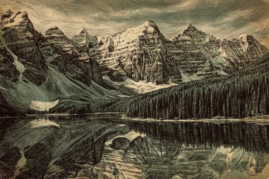 Moraine Lake — a nautical-noir engraving by The Dispatch