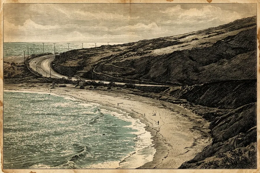 Pacific Coast Highway North to Malibu — a nautical-noir engraving by The Dispatch