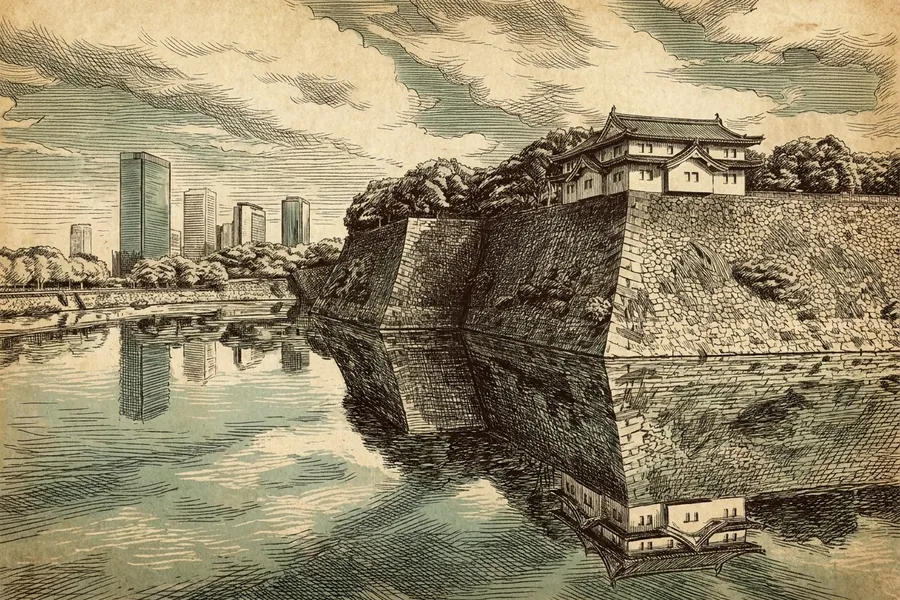 Osaka Castle + Castle Park — a nautical-noir engraving by The Dispatch