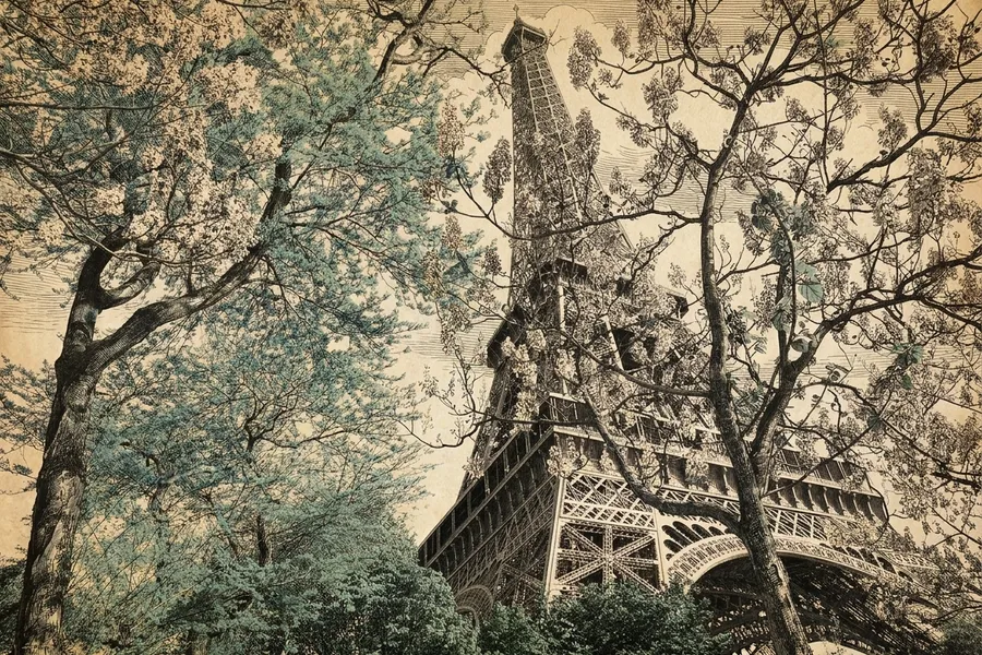 Eiffel Tower (second floor + Champ de Mars picnic) — a nautical-noir engraving by The Dispatch