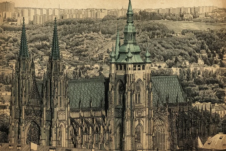 Prague Castle + St Vitus Cathedral — a nautical-noir engraving by The Dispatch