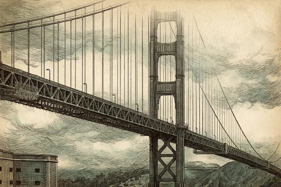 Golden Gate Bridge — a nautical-noir engraving by The Dispatch