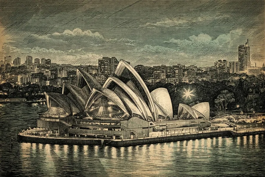 Sydney Opera House — a nautical-noir engraving by The Dispatch