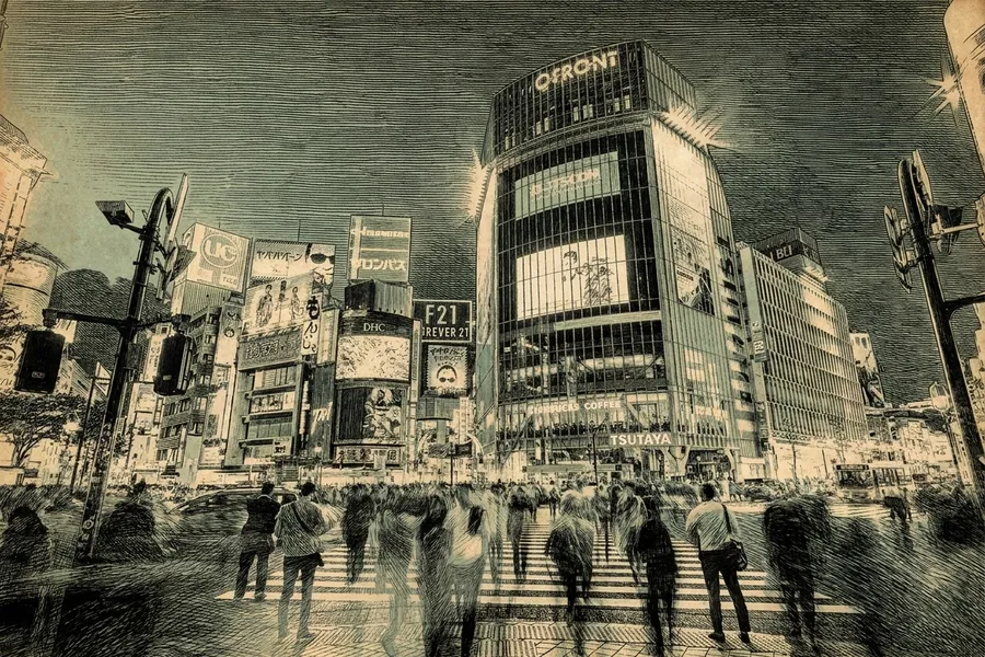 Shibuya Crossing — a nautical-noir engraving by The Dispatch