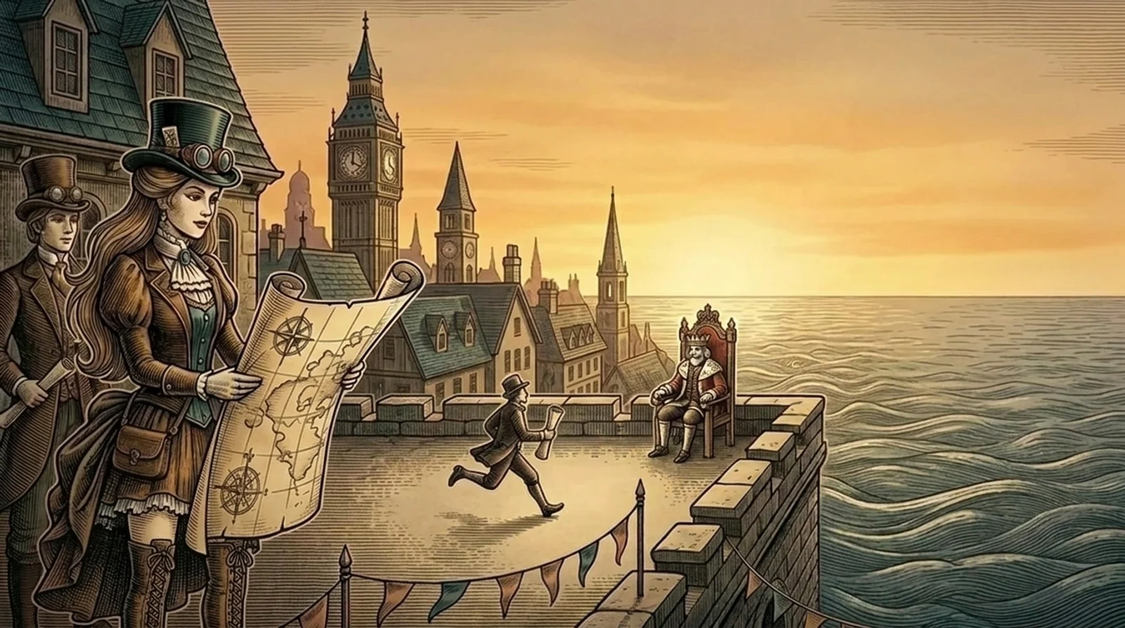 A Jules-Verne travel tableau: a golden-hour harbor city under a strange sun, with a traveler in the foreground reading a map.
