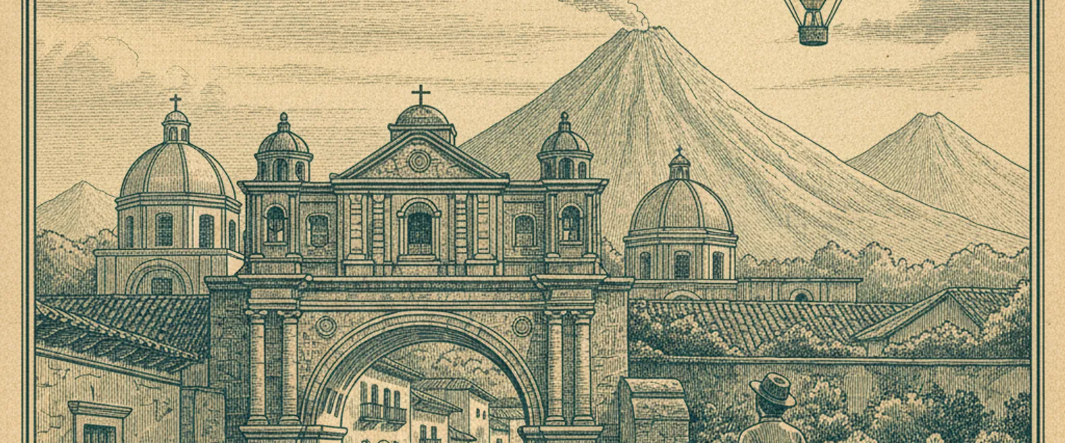 The yellow Santa Catalina Arch framing Volcan de Agua across Antigua Guatemala's cobblestone street