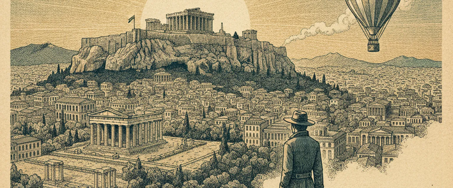 The Parthenon atop the Acropolis glowing at sunset above the rooftops of Athens