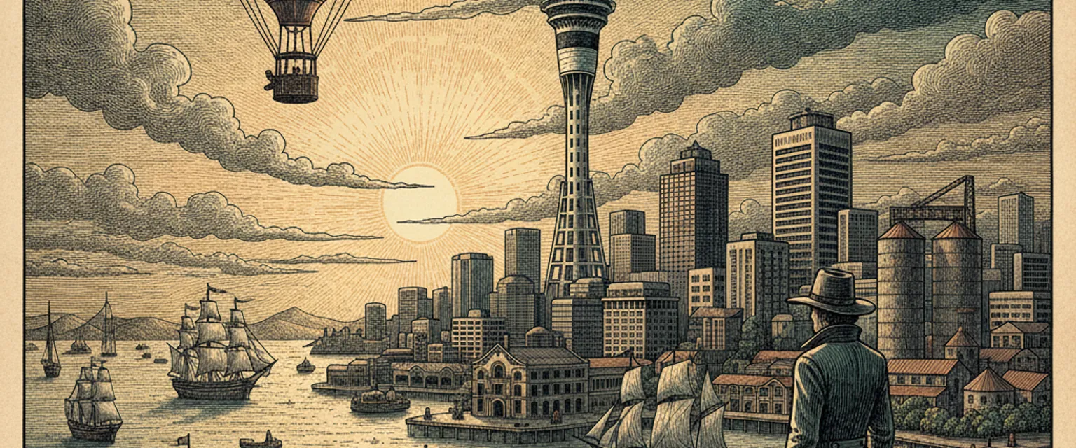 Auckland waterfront and Sky Tower at golden hour with sailboats on the Waitemata Harbour