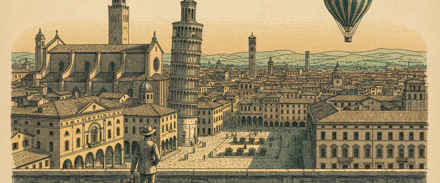The terracotta rooftops and two leaning medieval towers of Bologna seen above red-tiled buildings at sunset