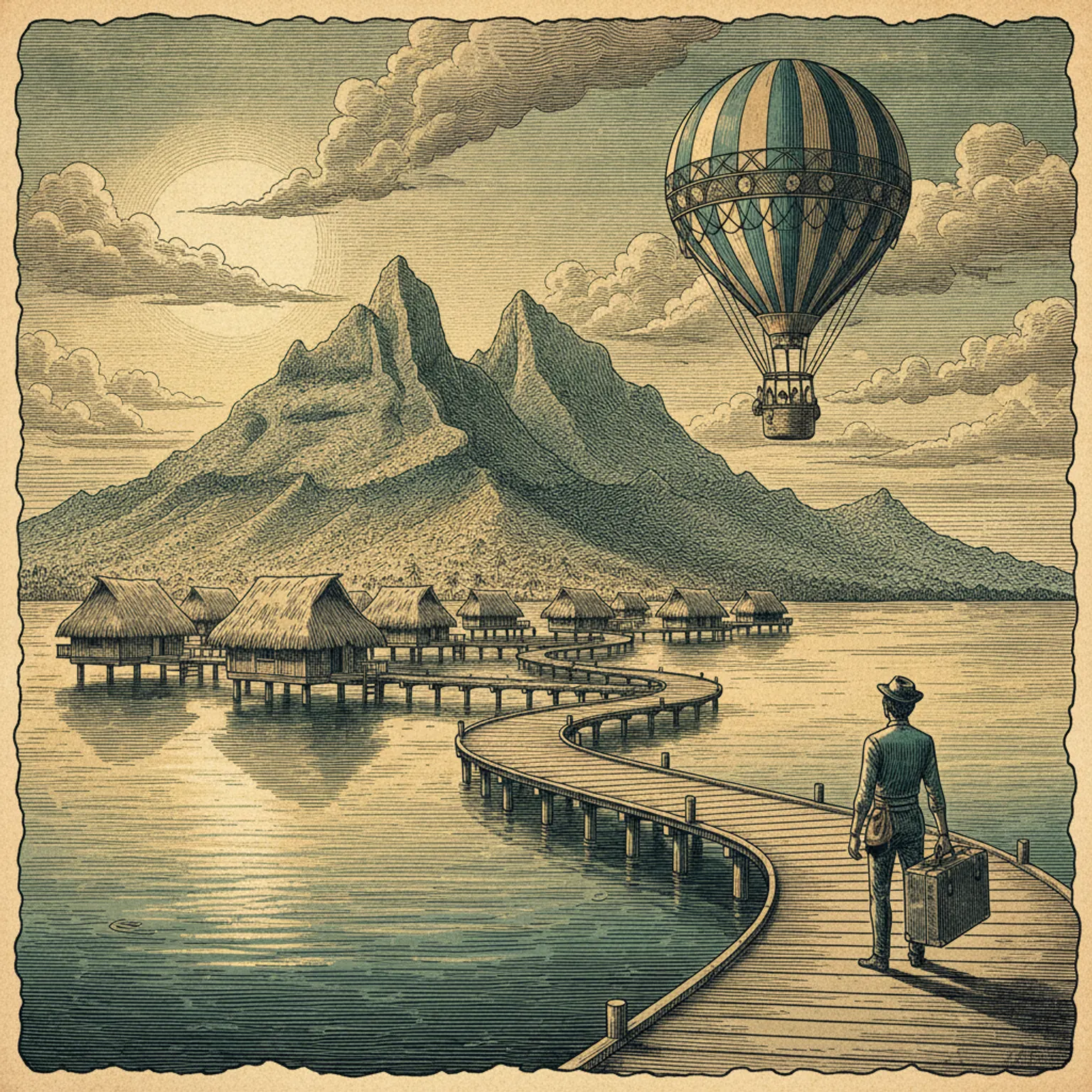 Mount Otemanu rising over turquoise lagoon and overwater bungalows in Bora Bora, French Polynesia