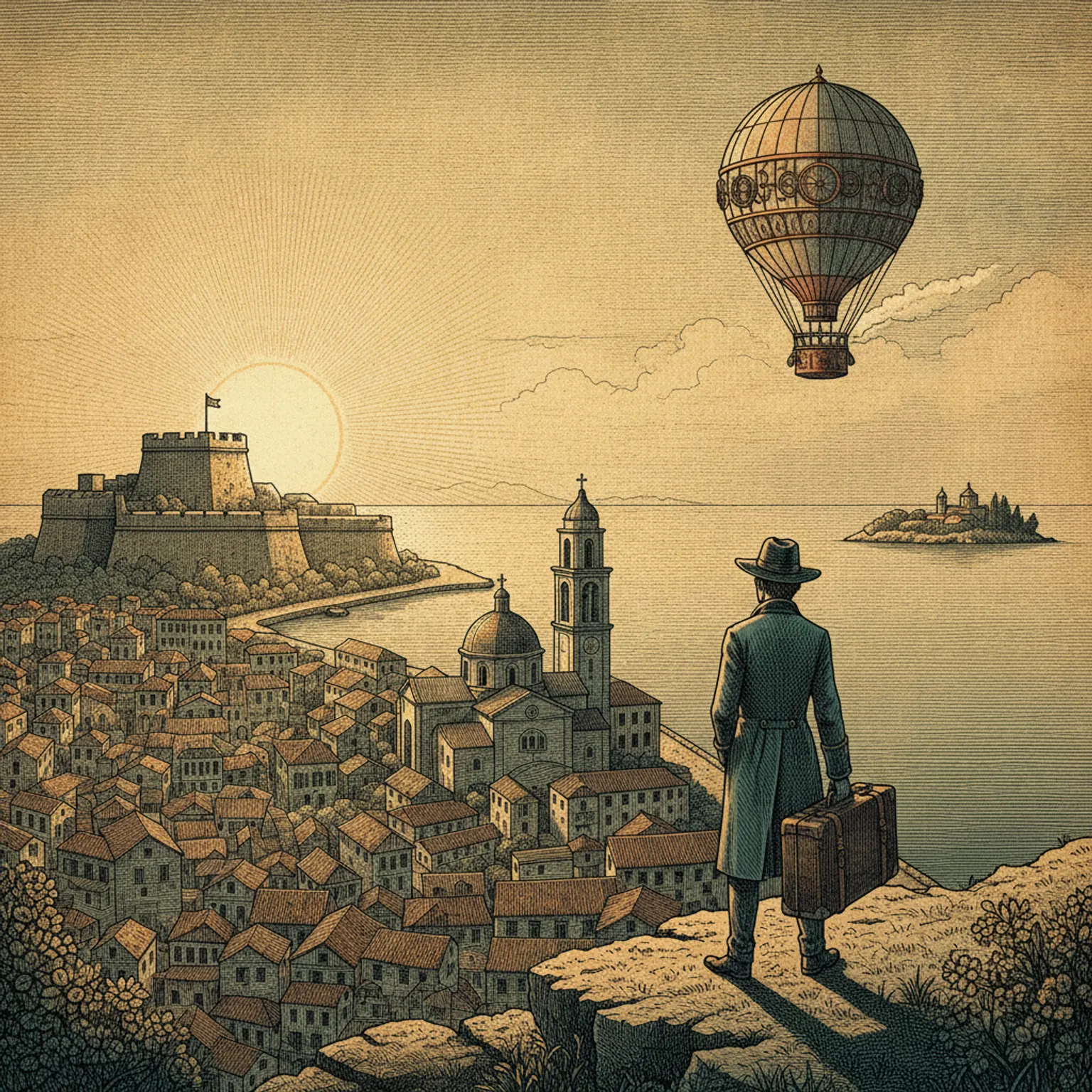 The Old Fortress of Corfu Town rising over turquoise water at golden hour