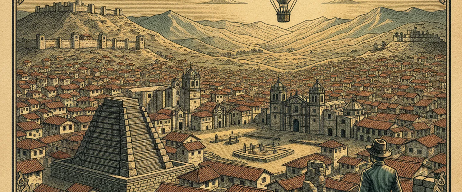 Red-tiled rooftops of Cusco's old town spilling down the Andean hillside under a deep blue sky
