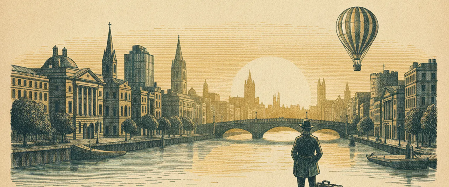 The Ha'penny Bridge over the River Liffey in Dublin at dusk with warm streetlights