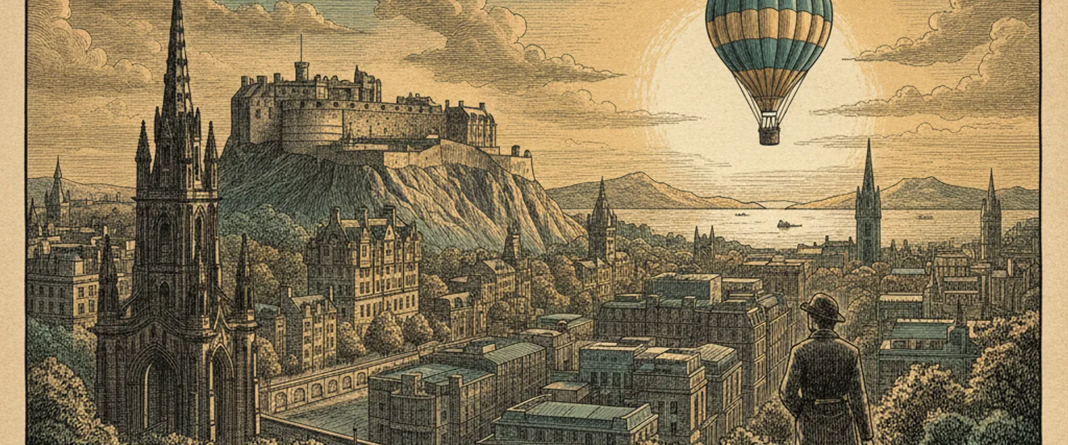 Edinburgh Castle on its crag above the Old Town rooftops under moody Scottish sky