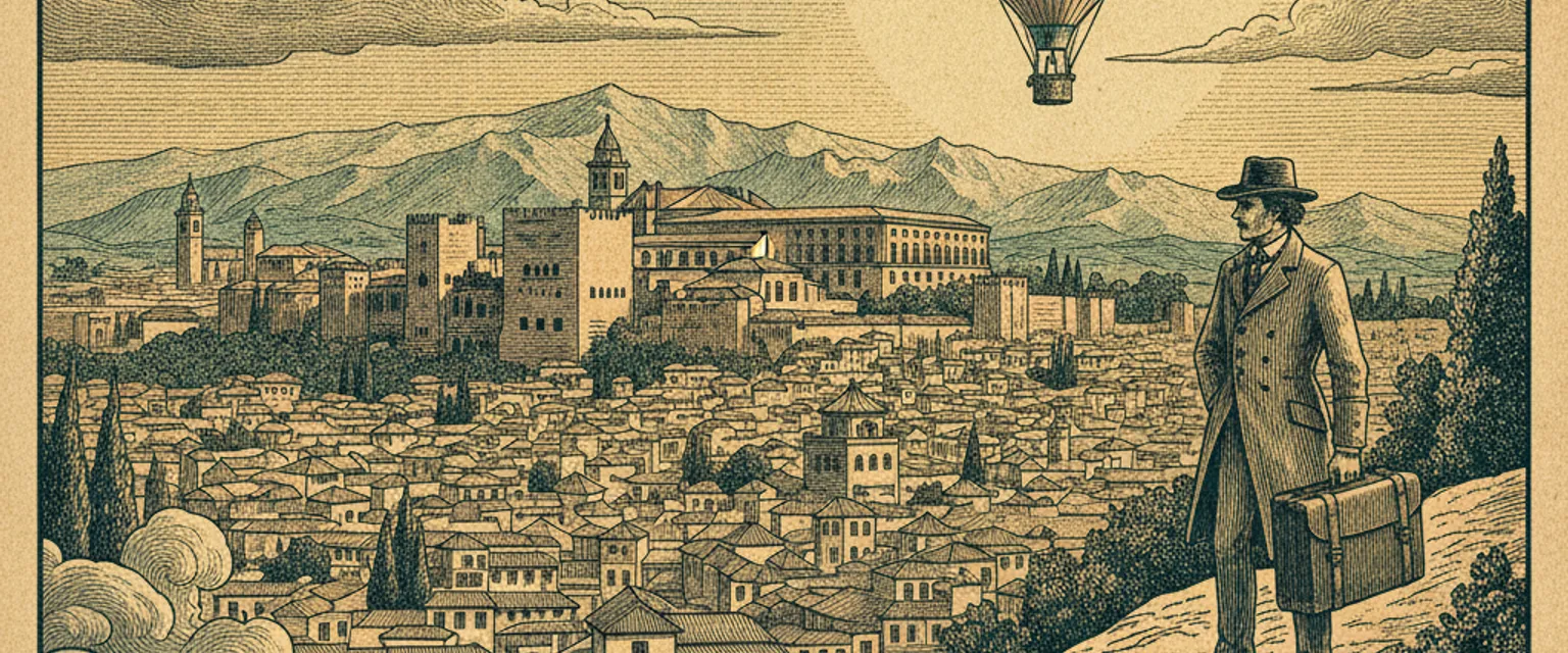 The Alhambra palace and Generalife gardens above Granada with the snow-capped Sierra Nevada behind