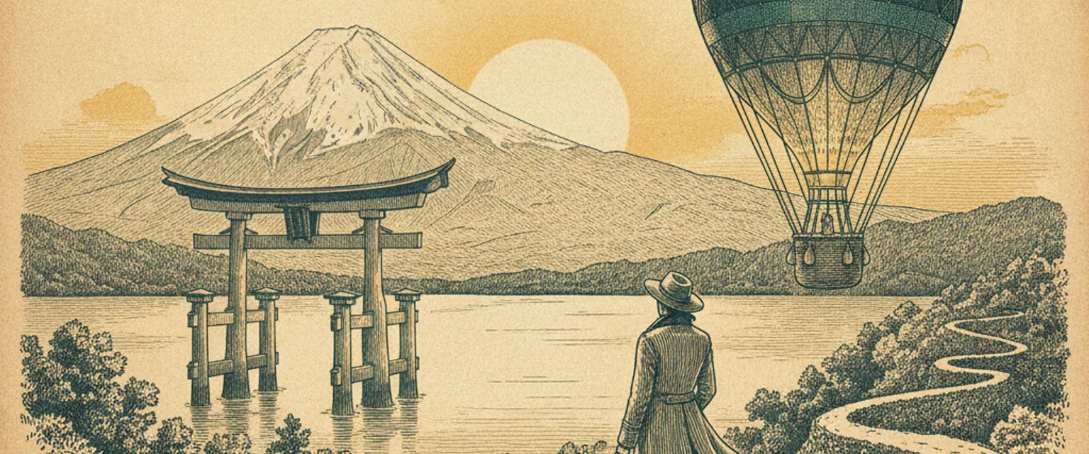Lake Ashi with a red torii gate and Mount Fuji rising behind it in Hakone, Japan