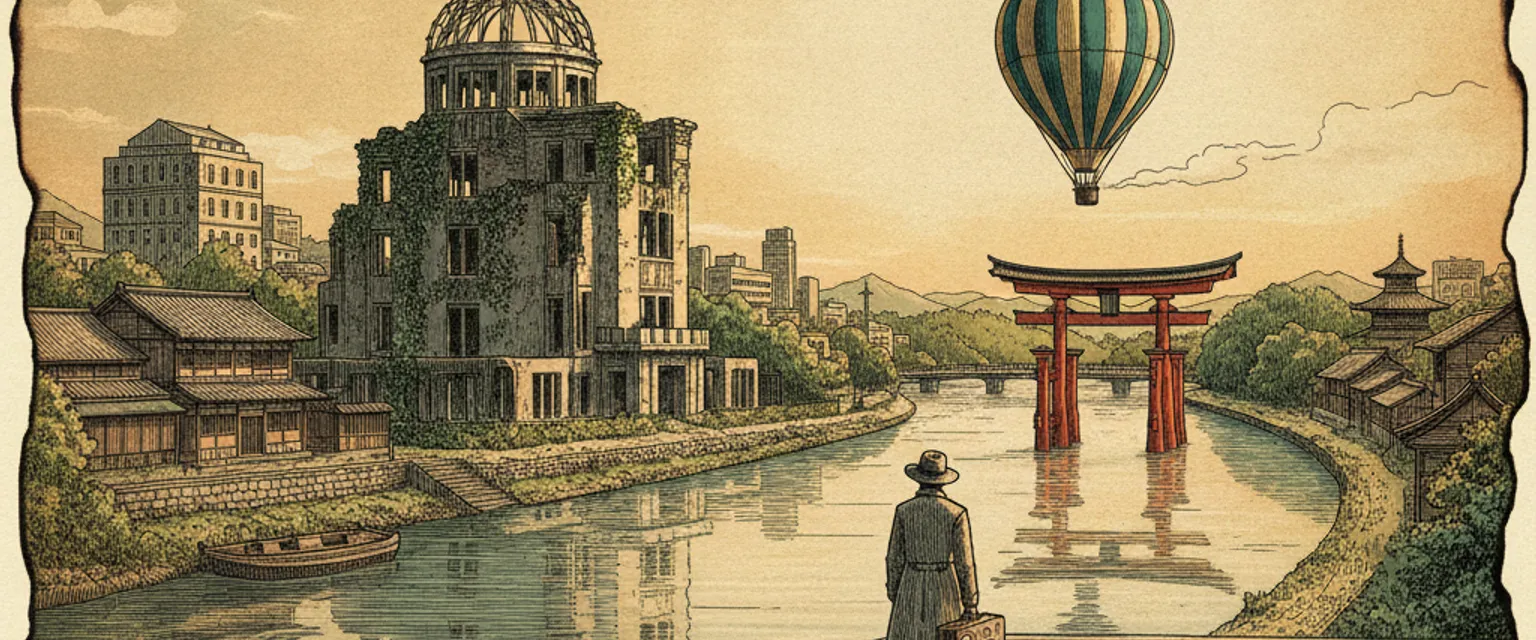 The skeletal dome of the Atomic Bomb Dome reflected in the river beside the Hiroshima Peace Memorial Park