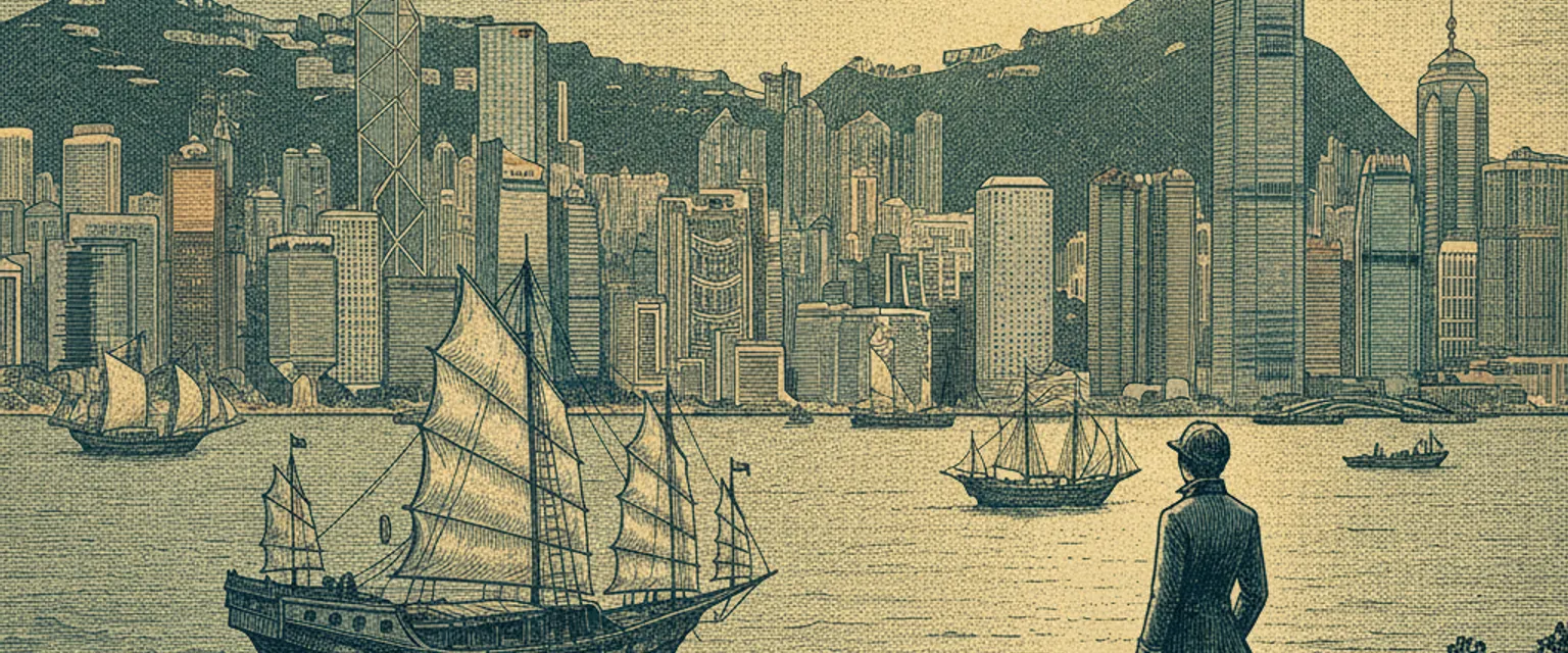 Victoria Harbour skyline at dusk from Victoria Peak, illuminated towers reflected in the water