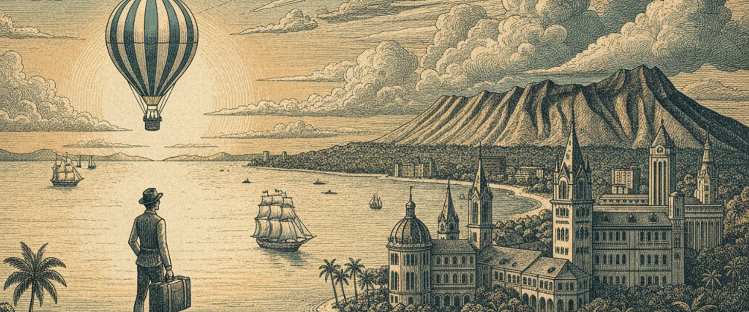 Diamond Head crater rising behind Waikiki Beach and turquoise water at golden hour