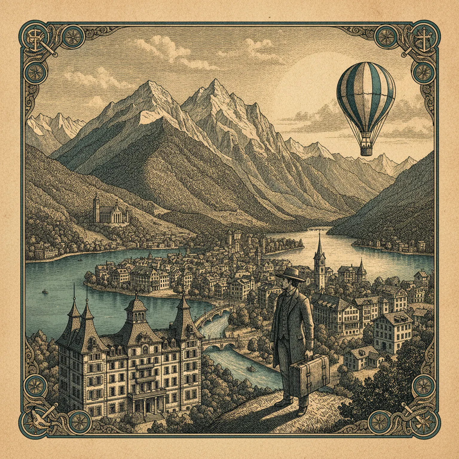 Interlaken's Hohematte meadow with paragliders overhead and the snow-capped Jungfrau massif behind