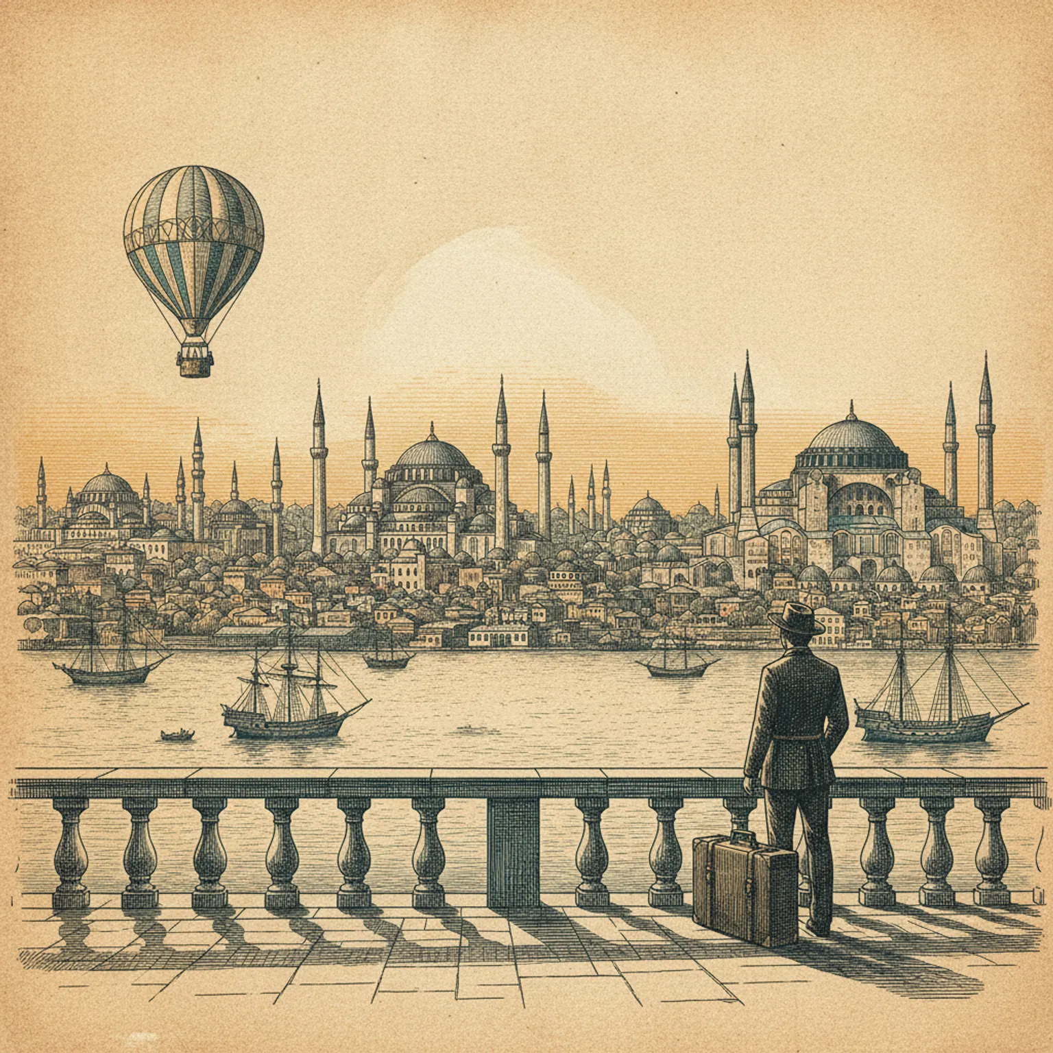 Blue Mosque minarets at blue hour, Bosphorus glinting in the distance