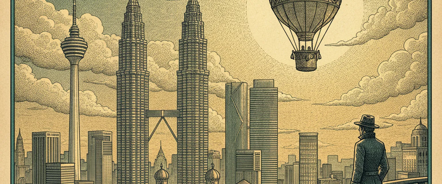 The Petronas Twin Towers lit at dusk above the KLCC park skyline