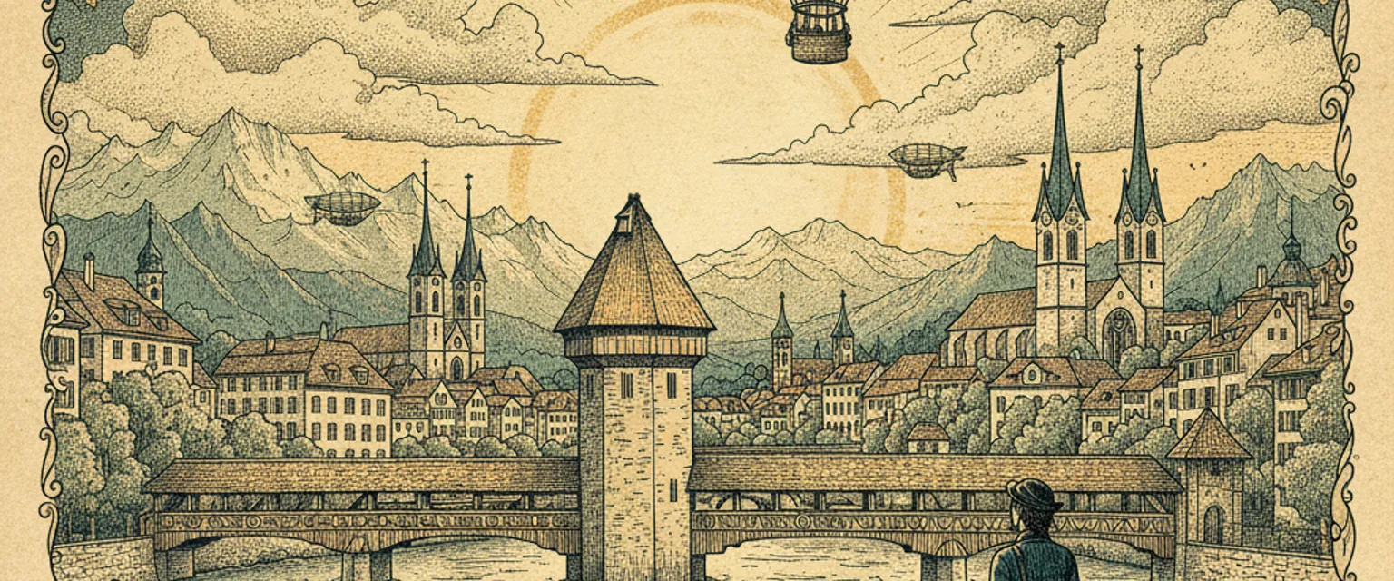 Lucerne's Chapel Bridge over the Reuss river with Mount Pilatus behind
