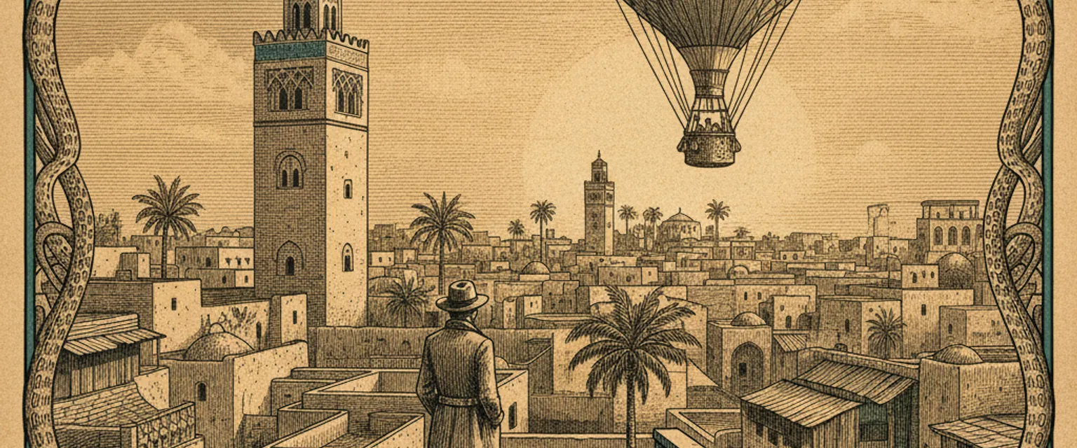 Koutoubia Mosque minaret rising above Marrakech rooftops at golden hour with the Atlas Mountains behind
