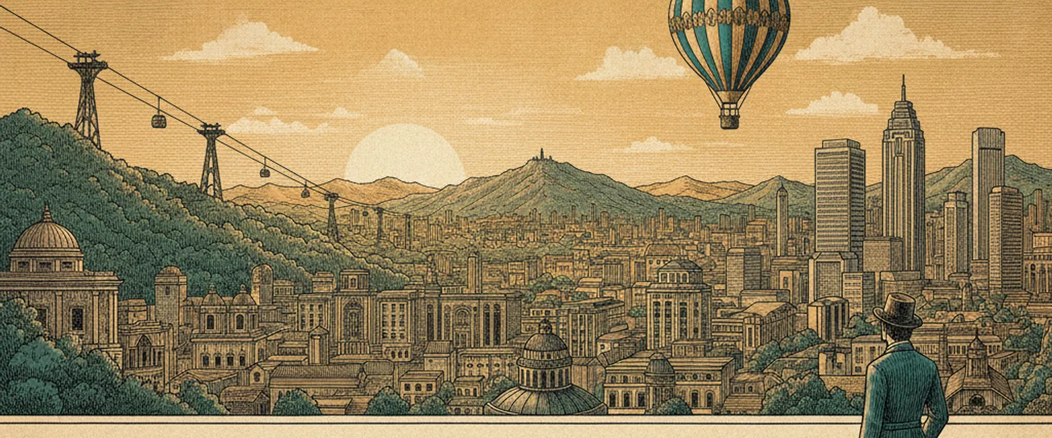 Medellin's Aburra Valley filled with red-brick buildings and green ridgelines under a blue sky