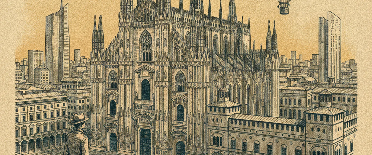 The white marble spires of the Duomo di Milano glowing against a blue evening sky