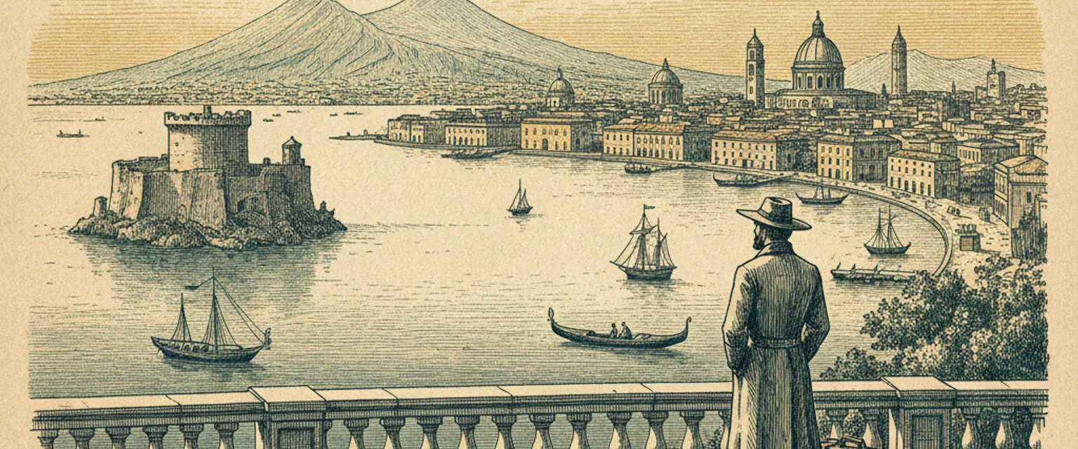 The Bay of Naples with Mount Vesuvius rising behind the city rooftops at dusk