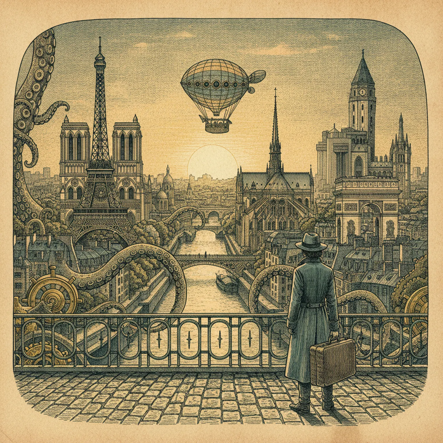 Engraved illustration of Paris rooftops at golden hour