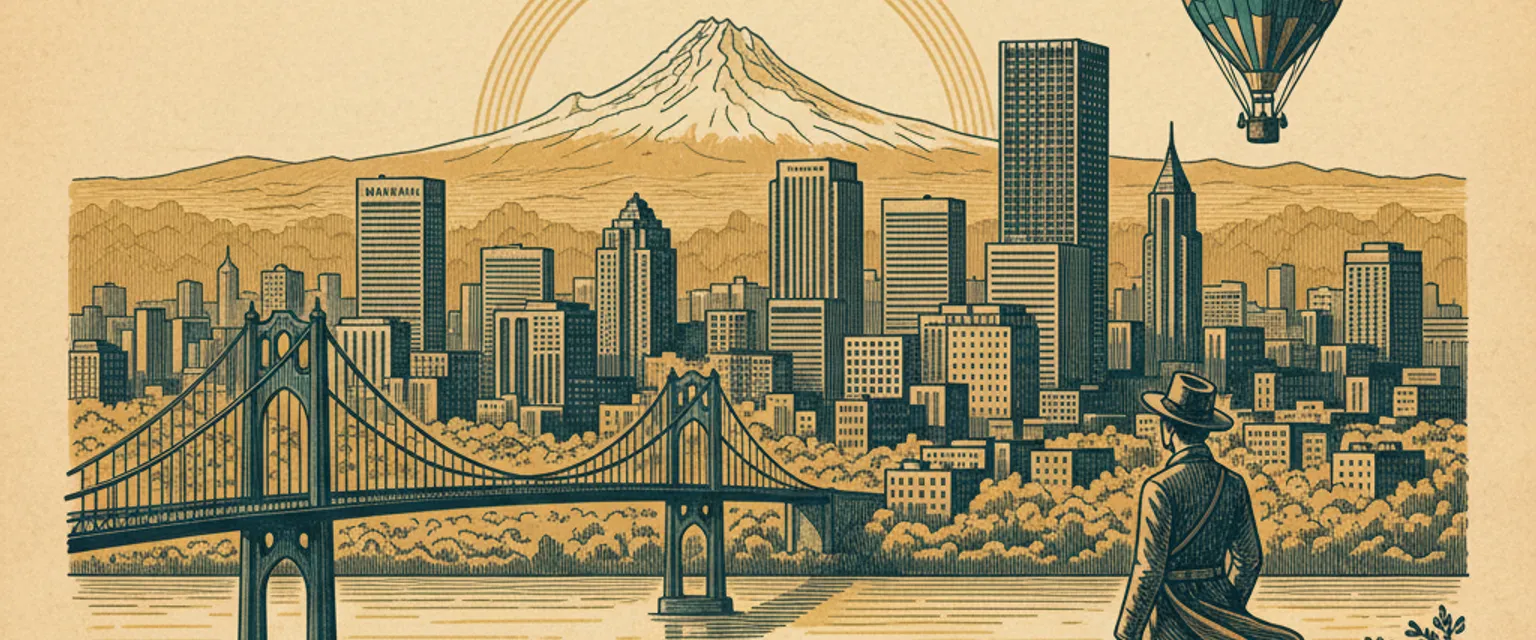 Portland skyline with Mount Hood behind, bridges crossing the Willamette River at dusk