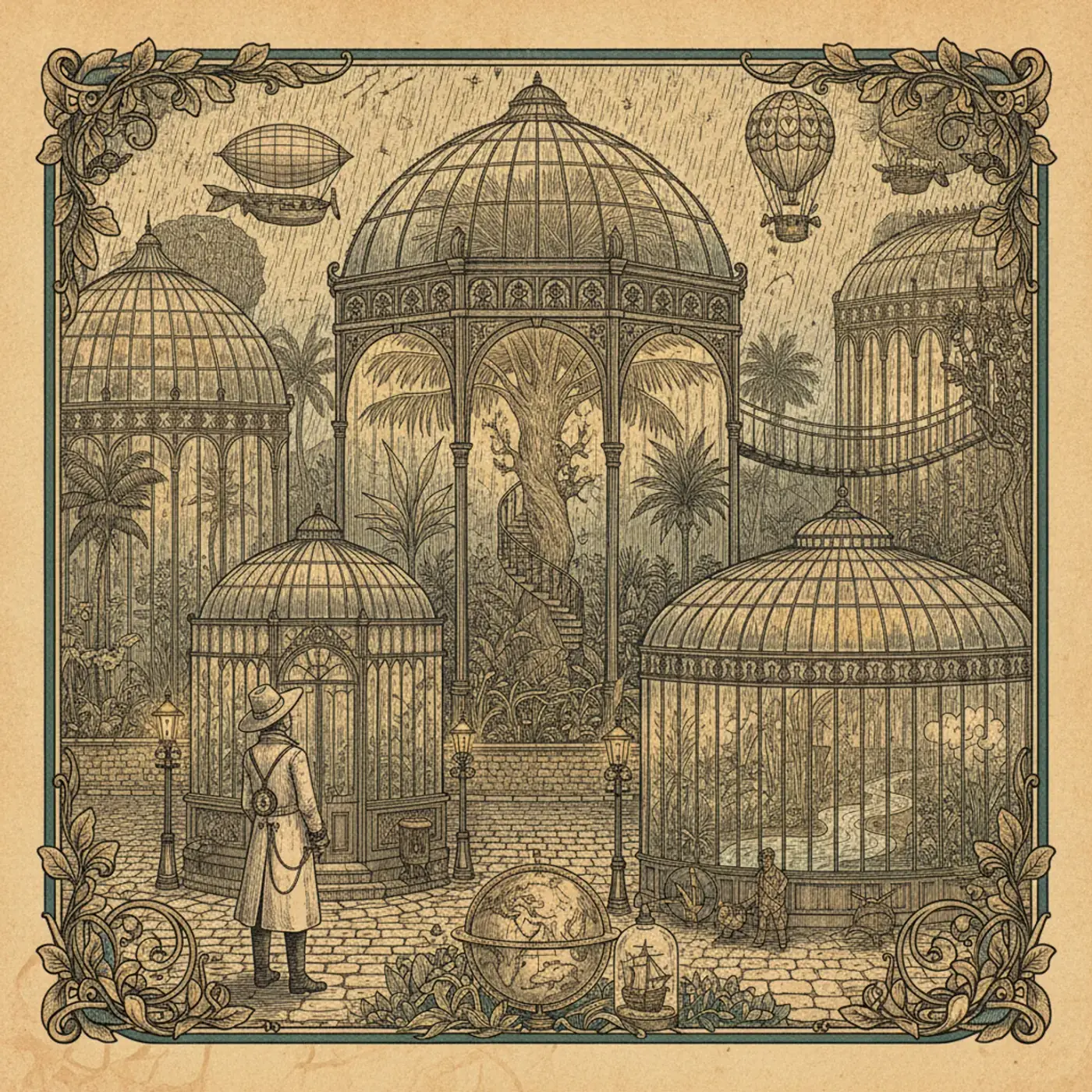 Interior of a Victorian iron-and-glass palm house with tall tropical plants
