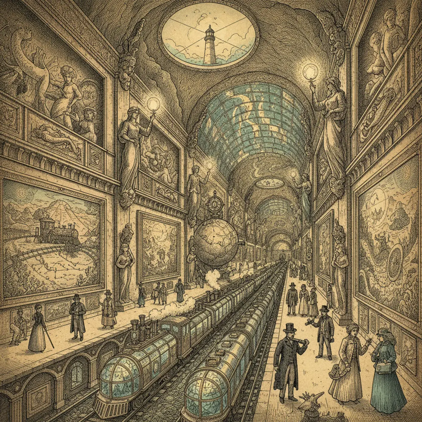 Ornate chandelier-lit metro station platform resembling a palace hall