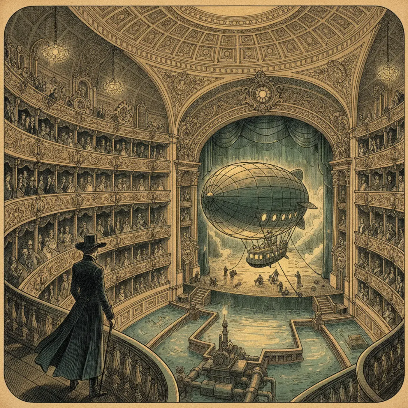Ornate gilded opera house interior with red velvet seats and tiered balconies