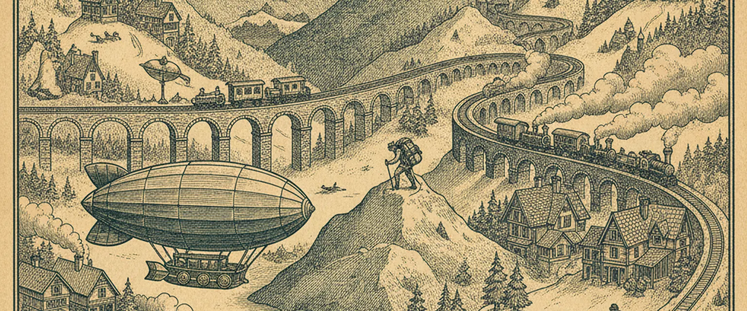 A small affordable ski town at the base of a snowy mountain with a chairlift and modest wooden chalets