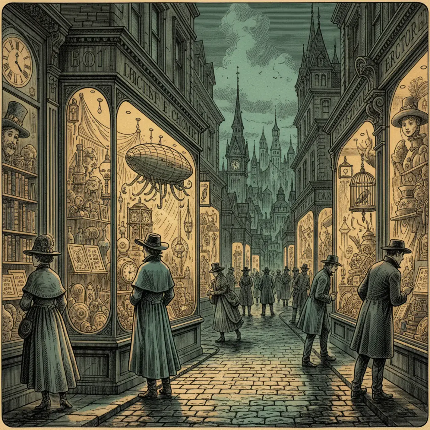 Illuminated luxury boutique windows on an elegant city street at dusk