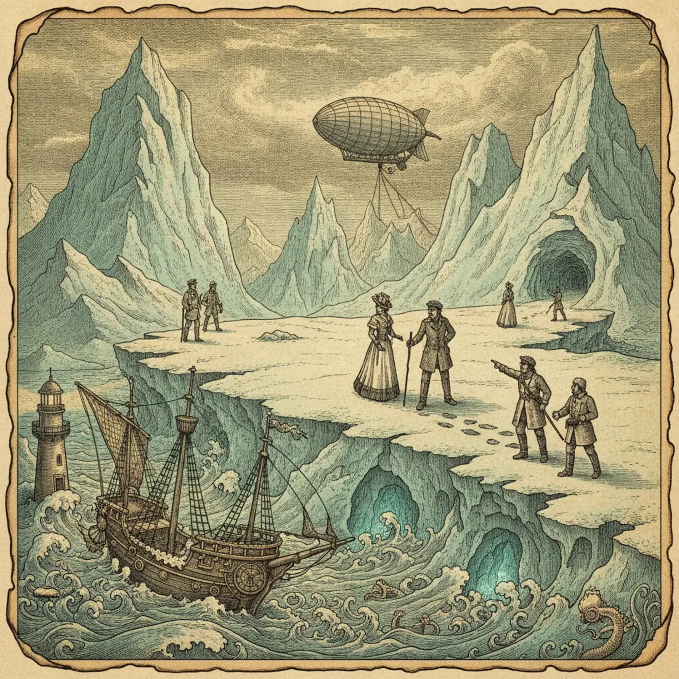 Hiker in crampons crossing a blue-white glacier under a clear cold sky