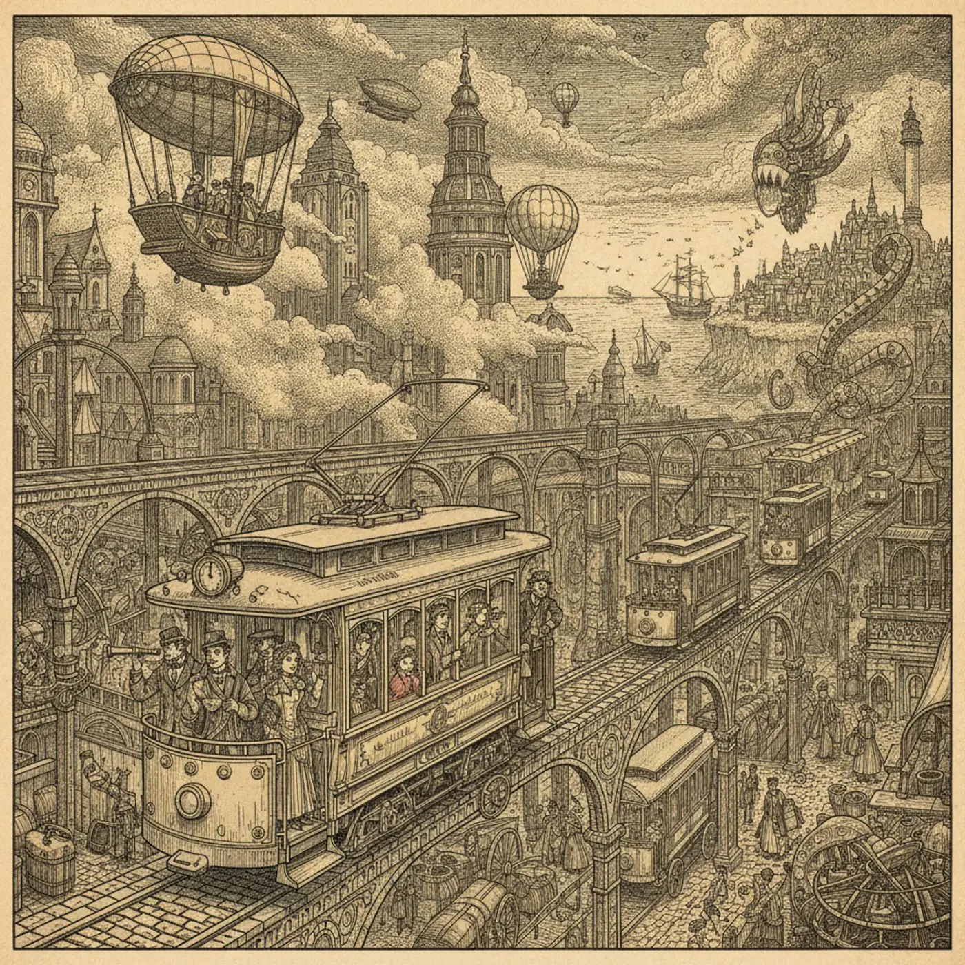 Vintage tram climbing a steep city street in golden light