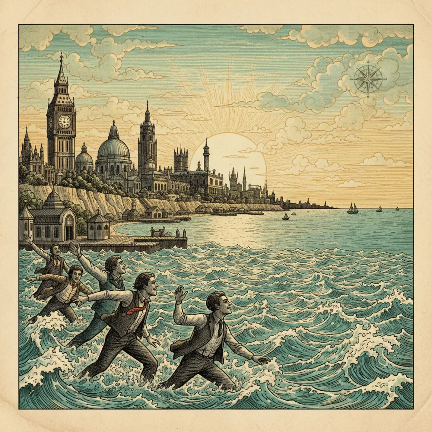 People swimming at an urban beach with a city skyline behind them at golden hour