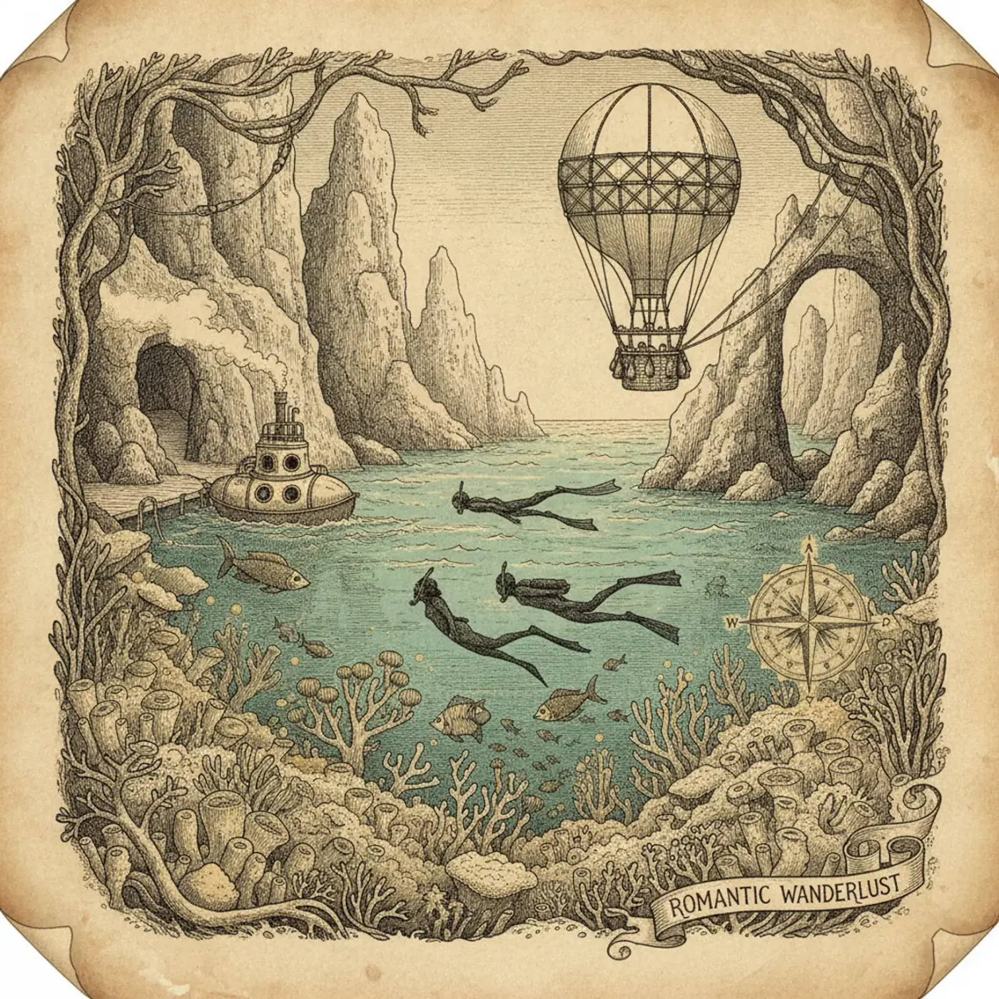 Snorkeler floating above a shallow coral reef full of tropical fish in clear turquoise water