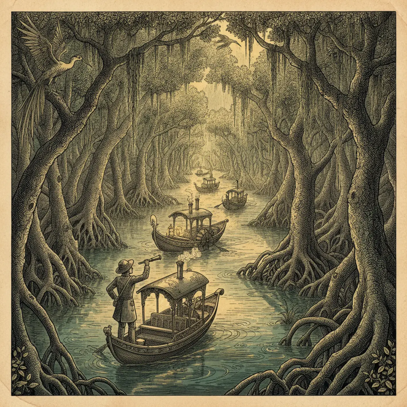 Kayaker paddling through a narrow tunnel of arching mangrove roots over still green water