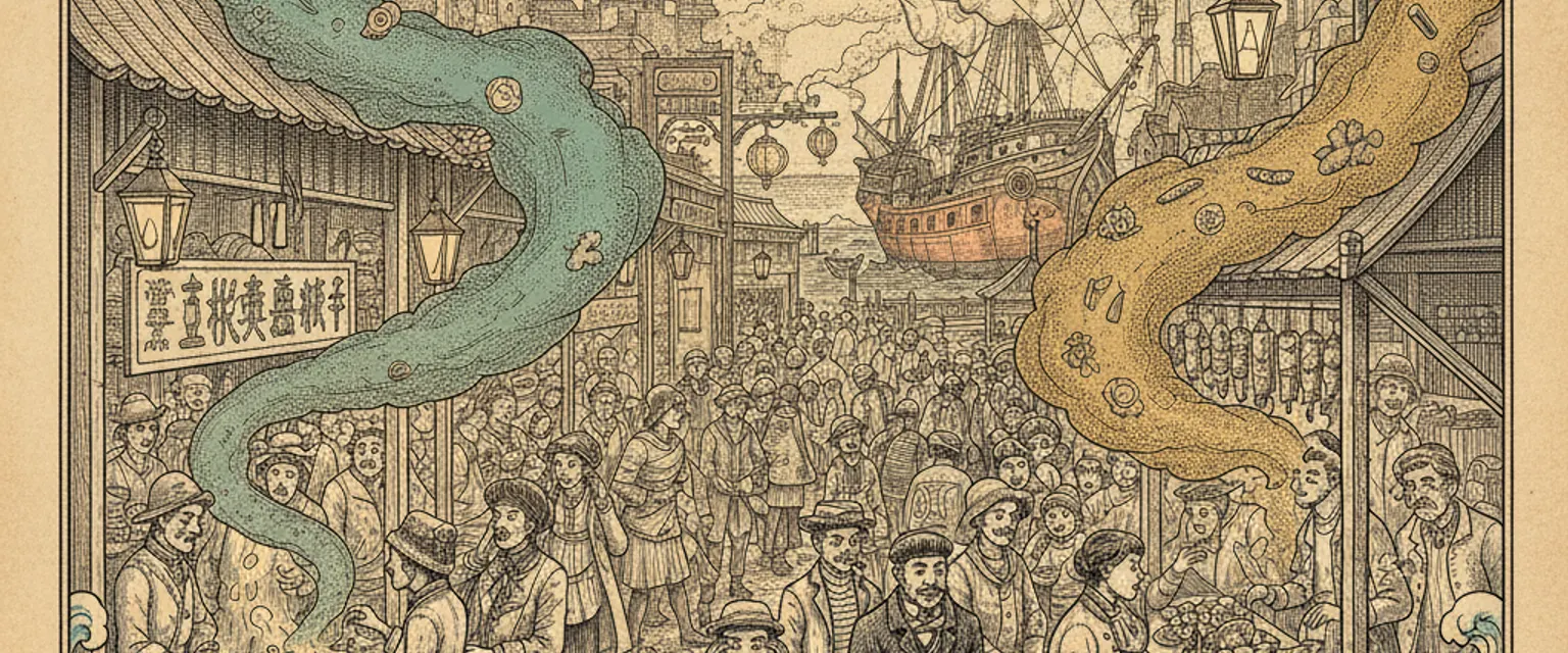 A crowded Asian night market at dusk with steam rising off grilled-meat stalls and string lights overhead