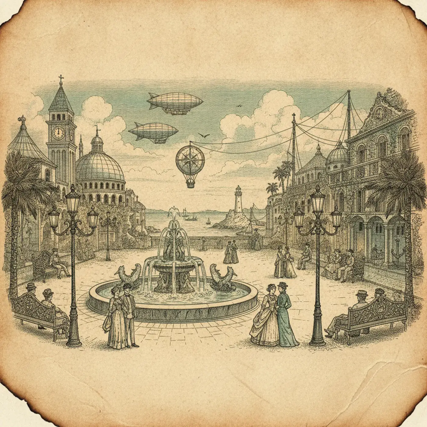 A grand European public square with a fountain, café tables, and people strolling in late afternoon light