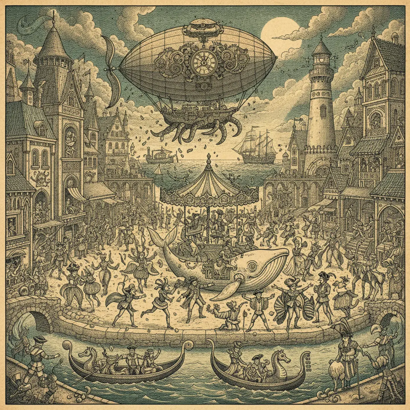 Carnival parade with dancers in elaborate feathered costumes and a crowd throwing confetti