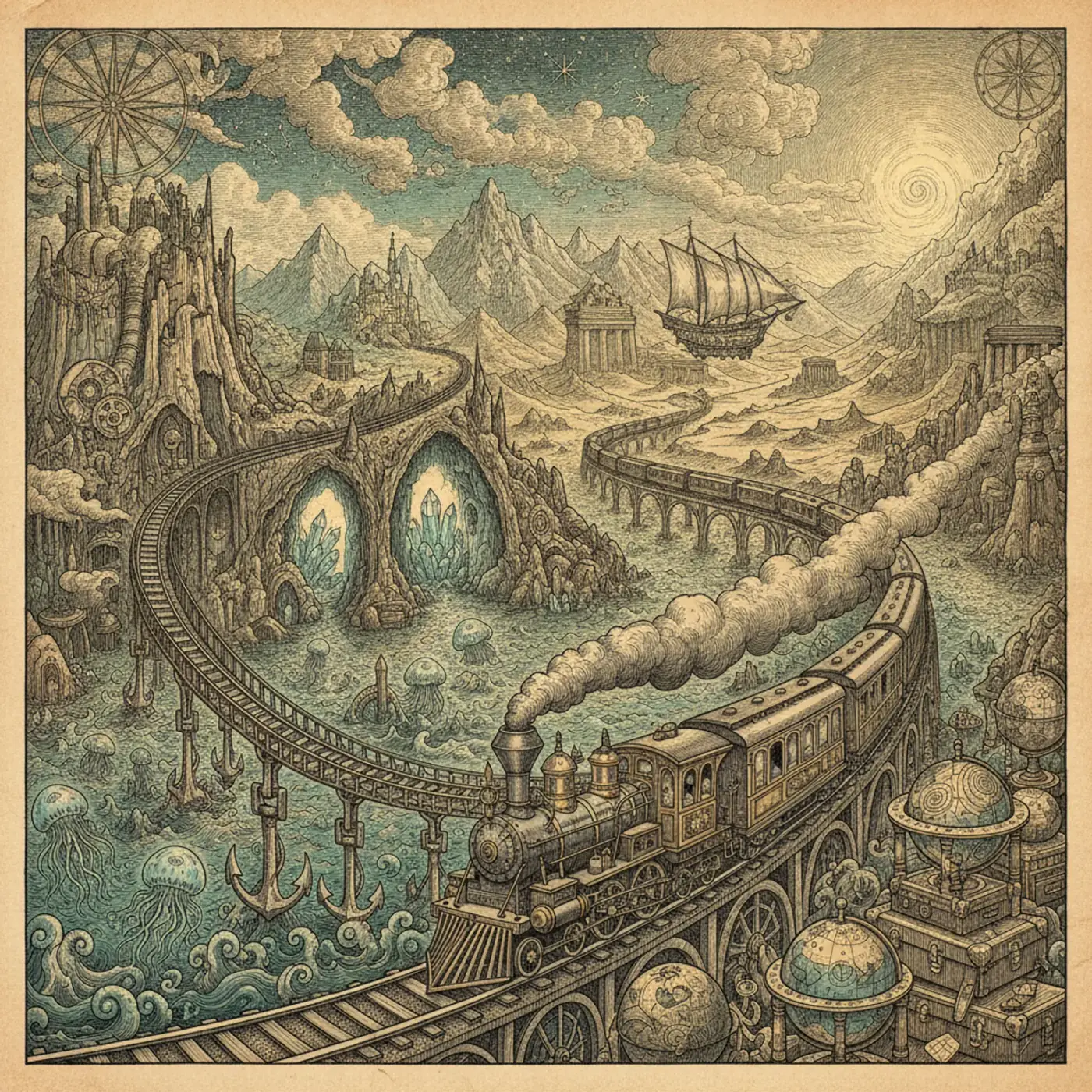 A vintage train winding through snow-capped alpine peaks at golden hour, carriages glowing warm against a blue-grey mountain sky