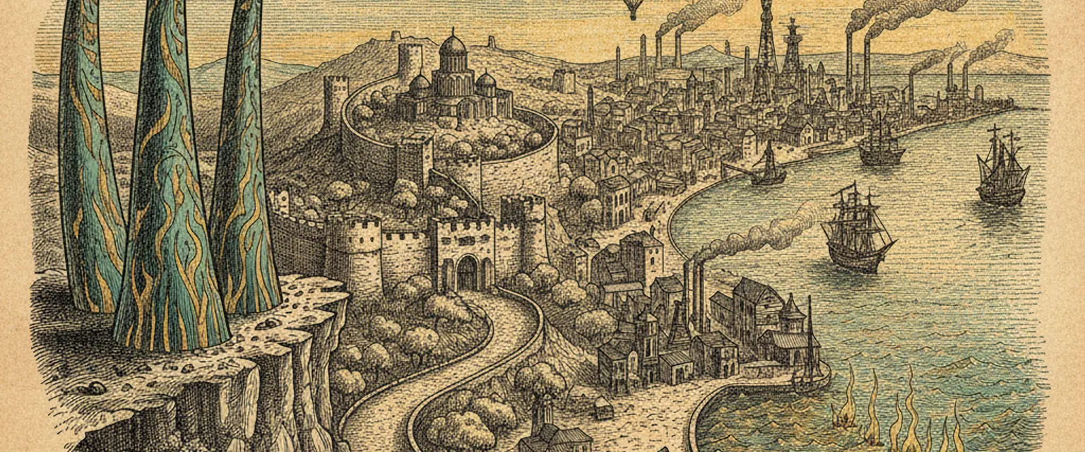 Baku's three Flame Towers lit orange at dusk above the old city walls and the Caspian Sea