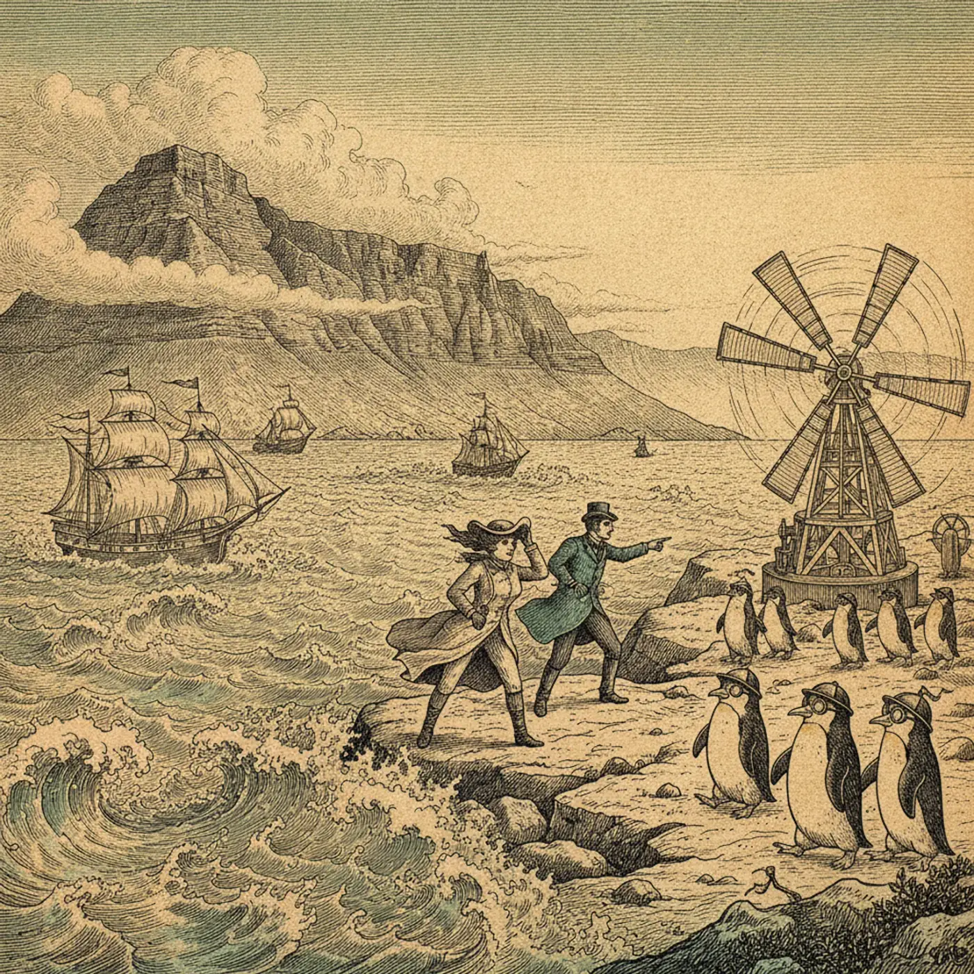 Flat-topped Table Mountain rising above Cape Town with a thin cloud spilling over the edge